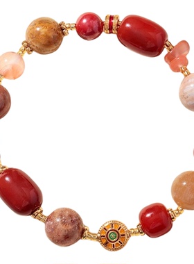 【敦煌色彩】南红朱砂珊瑚石多宝手链女中国风盐源玛瑙手串批发