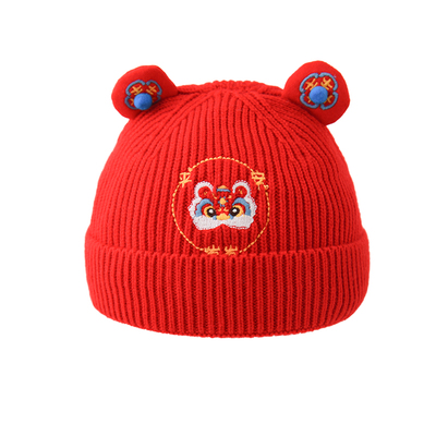 新生婴儿帽子秋冬季宝宝毛线帽红色喜庆秋冬季醒狮帽初生儿针织帽
