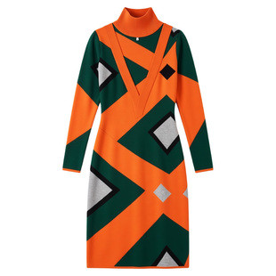 针织连衣裙女秋冬时尚洋气高领几何图案修身气质配大衣内搭打底裙