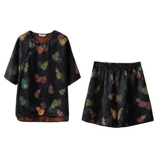 一丝牵葫芦香云纱花萝红云纱真丝短袖短裤套装女100%桑蚕丝两件套