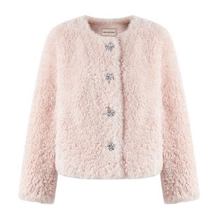 MISSCOCOON可可尼浅黄色环保毛皮草女2025秋冬新款仿羊羔毛短外套