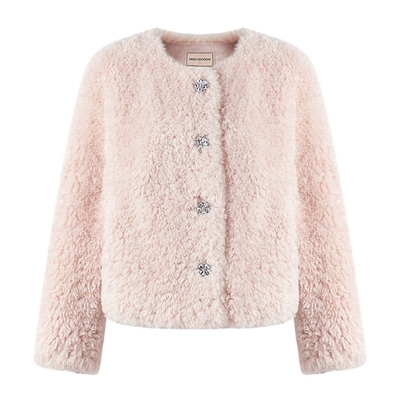 MISSCOCOON可可尼浅黄色环保毛皮草女2025秋冬新款仿羊羔毛短外套