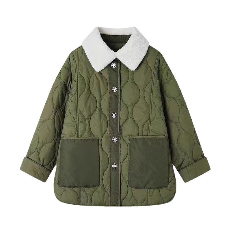 菱形格子拼色军绿色棉服衣外套