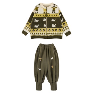 幼悠男童冬季套装轻盈保暖芝麻点提花毛衣开衫加绒加厚卡通卫裤潮