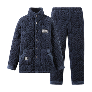 睡衣男冬天长袖三层加厚加绒珊瑚绒夹棉中老年大码爸爸家居服套装