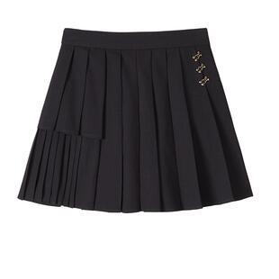 非正式学院/MSLAN夏季不规则A字短裙气质压褶黑色半身裙MFCN8104