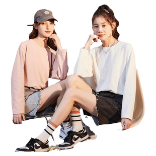 唐狮秋季新款纯色长袖T恤女宽松圆领内搭打底衫简约休闲T恤女