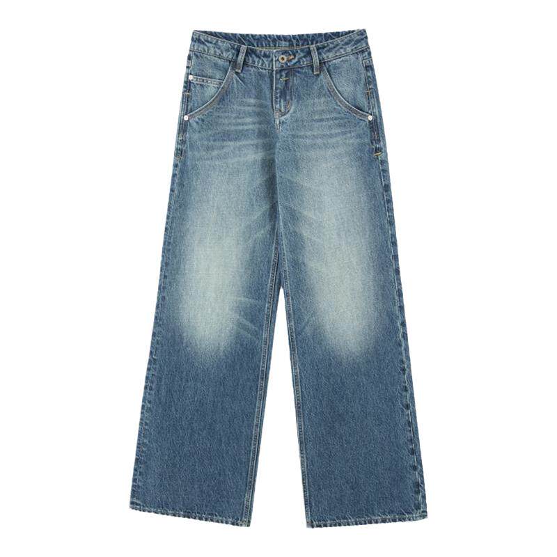 SMIIILE复古水洗做旧设计感阔腿牛仔裤女低腰夏季美式宽松直筒裤