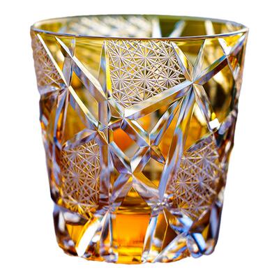 观山堂手工刻花威士忌酒杯无铅玻璃洋酒杯琥珀金闪电纹江户切子杯