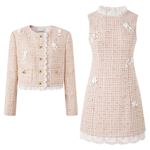 Eimismosol2026新款小香风蕾丝花边外套拼接背心连衣裙女套装