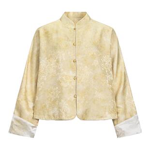 莨西子新中式国风桑蚕丝短款黄色外套女2026春款袖口拼接撞色上衣