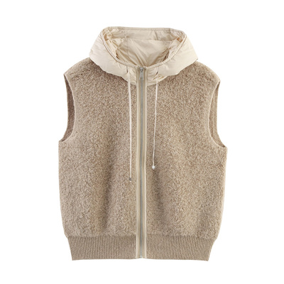 连帽叠穿针织马甲背心无袖毛衣女