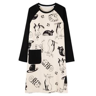 康妮雅秋季睡裙女纯棉长袖圆领带胸垫一体大码家居服全棉睡衣裙