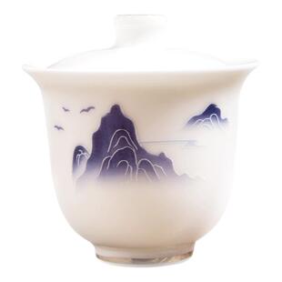 羊脂玉特小号盖碗茶杯远山白瓷茶碗带盖复古迷你描金杯子茶具80ml