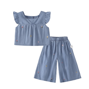 女童夏装新款宝宝夏季背心两件套儿童全棉衣服阔腿裤大童牛仔套装