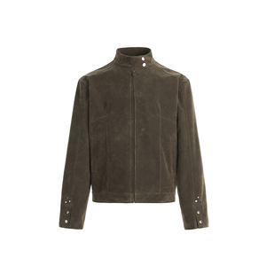 F383 美式复古咖色绒皮哈灵顿立领夹克男女宽松休闲麂皮外套情侣