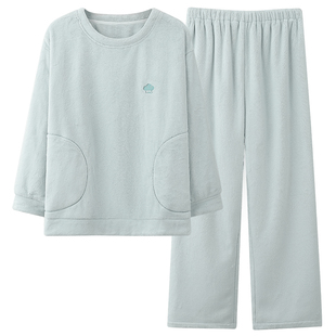 芬腾可安睡衣女款2026新款冬高级感珊瑚绒加厚加绒浅蓝家居服冬季