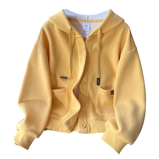 黄色连帽开衫外套女冬季加绒加厚卫衣摇粒绒春秋款女装运动开衫