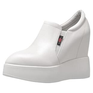 真皮12CM内增高小白鞋女春秋百搭休闲厚底女鞋尖头坡跟单鞋松糕鞋