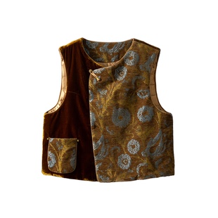 SILVIYE重工拼色丝绒新中式夹棉马甲坎肩女加厚国风盘扣棉马夹冬