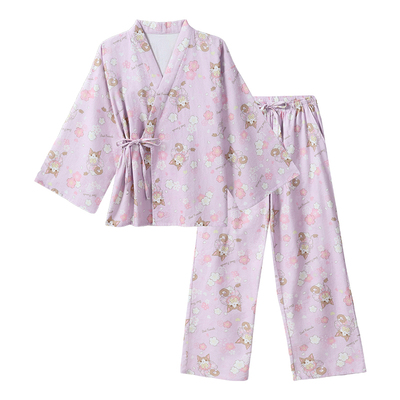 tutuanna秋冬全棉睡衣女磨毛竖条纹蝴蝶结满印长袖甚平家居服套装