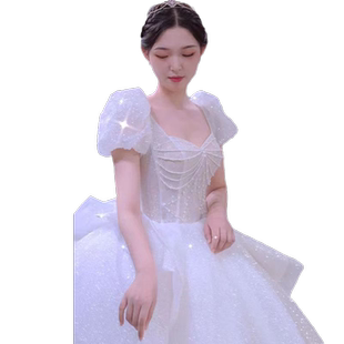 星空主婚纱礼服新娘2025新款大拖尾小个子法式轻一字肩齐地109