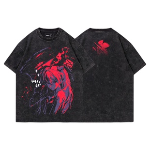 TEE7-日系动漫eva明日香二号机水洗做旧复古纯棉oversize短袖T恤