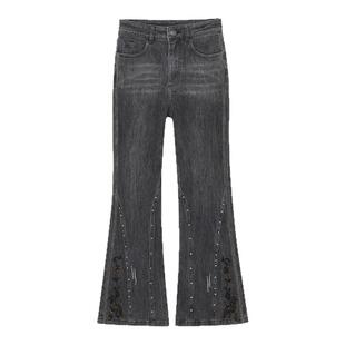 我爱露露LULUALWAYS 秋季休闲微喇刺绣黑色牛仔长裤