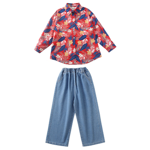 街舞儿童复古港风衬衫牛仔裤套装嘻哈hiphop演出服男女童走秀潮服