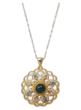 S925银镶天然琥珀珍珠戒指吊坠