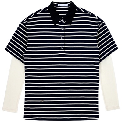 条纹拼接假两件polo领长袖T恤