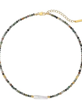 银条淡水珍珠绿色玛瑙串珠项链