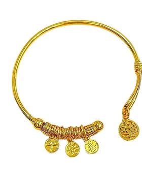 新中式沙金光面扭花镂空平安喜乐手镯复古实心镯子简约送女朋友礼