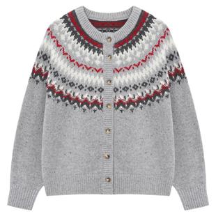 百家好圆领费尔岛短款毛衣开衫女2026春季新款独特提花内搭上衣