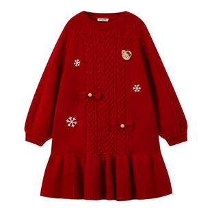 【圣诞】PawinPaw卡通小熊童装冬女童红色连衣裙甜美时尚可爱
