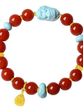 天然南红瓦柿子红绿松石招财手串