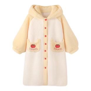 〖一颗番茄〗睡袍女款冬季加厚珊瑚绒中长款家居服可爱连帽睡衣女