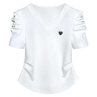法式泡泡袖白色v领短袖T恤女夏季2025年新款女装褶皱遮肉显瘦上衣