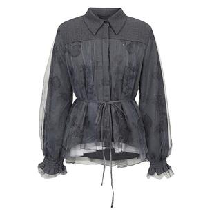 sdeer圣迪奥女装翻领绣花网纱收腰长袖衬衫S231Z0521