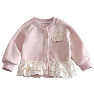 女童针织衫外套卡通贴布儿童衣服公主上衣春秋季甜美花边裙摆开衫