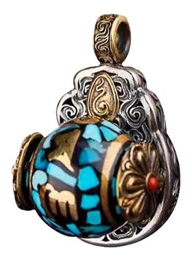 转动药师佛六字真言松石纯银吊坠