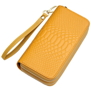 真皮女士长款钱包双拉链女式手拿包放手机的小包大容量黄色招财包