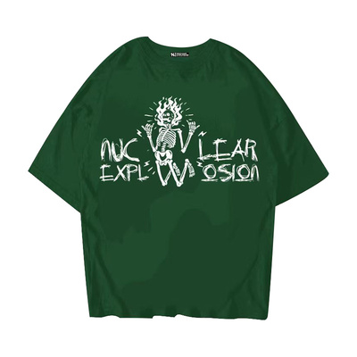 核爆炸火人墨绿色复古短袖T恤男