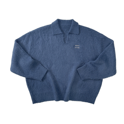 Aurocean 蓝色长毛马海翻领毛衣 羊毛混纺宽松保暖针织衫