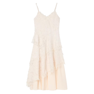 PAPERLLL辛间气质白色多层吊带连衣裙女夏羽毛流苏收腰中长款裙子