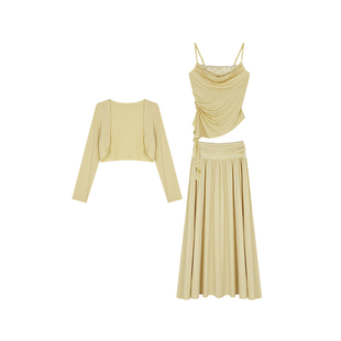 安妮不火甜橙舒芙蕾莱赛尔冰凉感三件套女微胖大码开衫背心半身裙