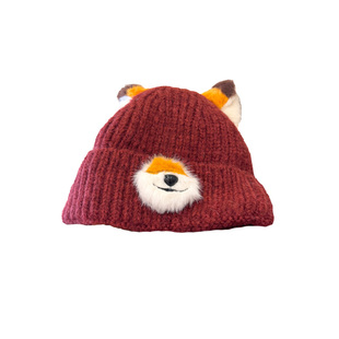 可爱橘色狐狸耳朵针织帽女秋冬加绒保暖护耳毛线帽潮百搭套头冷帽