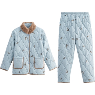 秋鹿三层加绒加厚夹棉睡衣女2025秋冬款纯棉印花高级感家居服套装