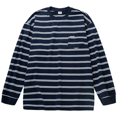 日系潮牌条纹圆领长袖中性