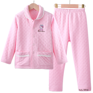 凯蒂猫儿童睡衣冬季加厚款女童家居服套装三层夹棉冬款小孩两件套